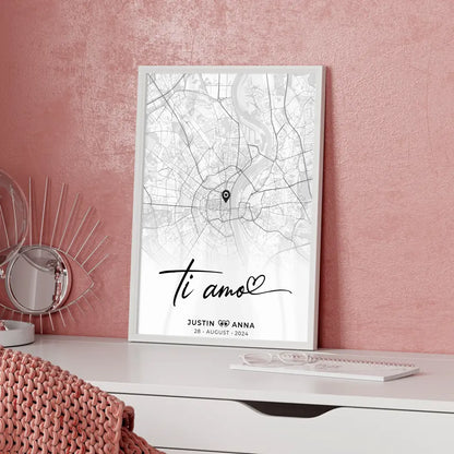 Personalisiertes Stadtkarten Poster für Paare Ti Amo Wo Alles Begann