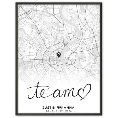 Personalisiertes Stadtkarten Poster für Paare Te Amo Schwarz Weiß Wo Alles Begann