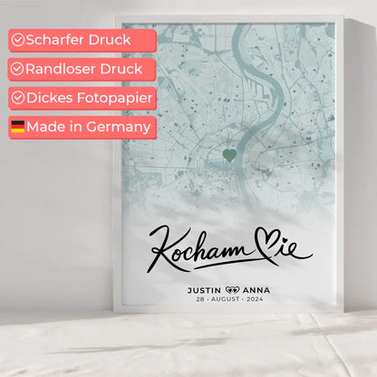 Personalisiertes Stadtkarten Poster für Paare Kocham Cie Mintgrün Wo Alles Begann