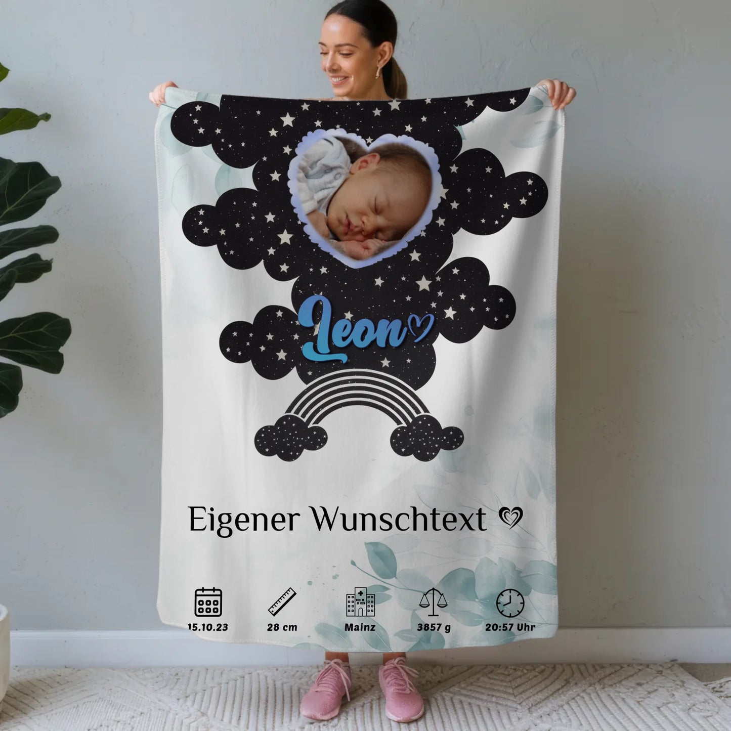 Babydecke Mit Namen Floral Mintgrün für Baby Jungen & Mädchen