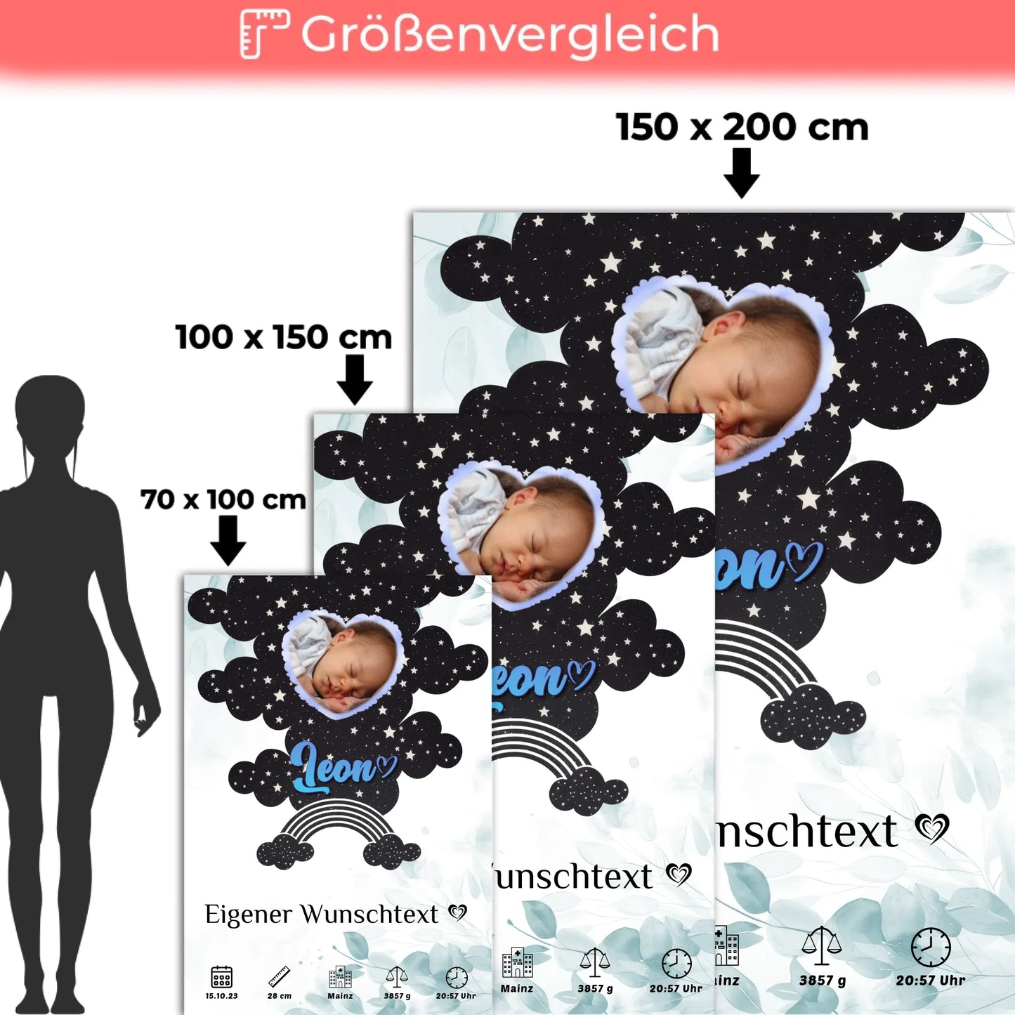 Babydecke Mit Namen Floral Mintgrün für Baby Jungen & Mädchen