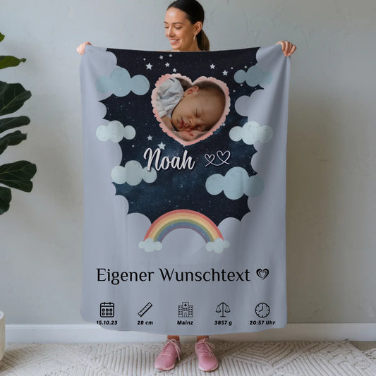 Babydecken Mit Namen Foto Herz Geburtsposter Punkte Blau