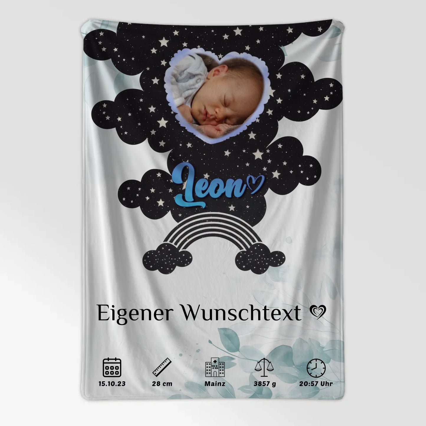 Babydecke Mit Namen Floral Mintgrün für Baby Jungen & Mädchen