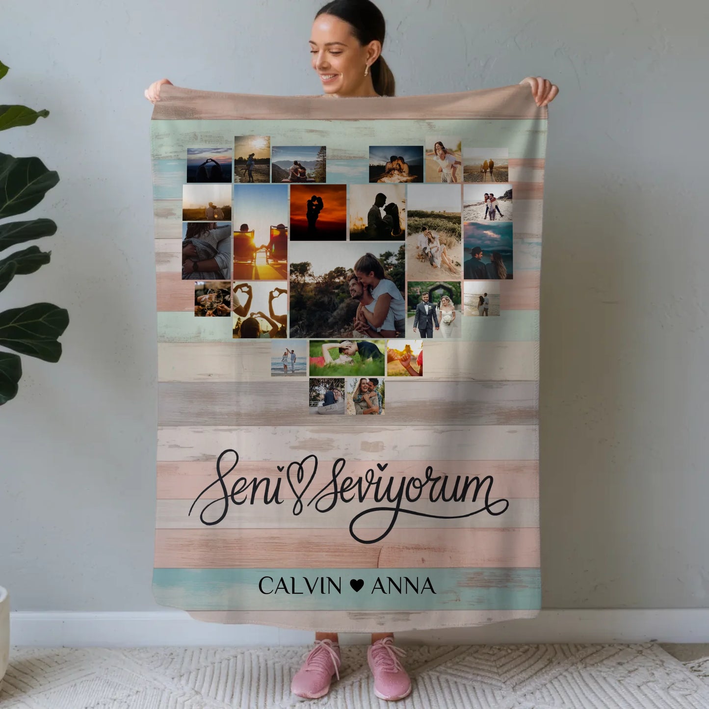 Personalisierte Fotocollage Decke Seni Seviyorum für Paare