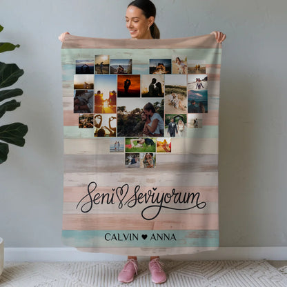 Personalisierte Fotocollage Decke Seni Seviyorum für Paare