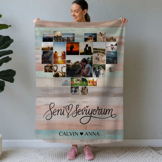 Personalisierte Fotocollage Decke Seni Seviyorum für Paare
