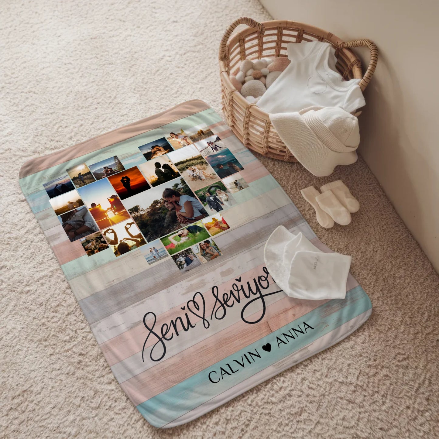 Personalisierte Fotocollage Decke Seni Seviyorum für Paare
