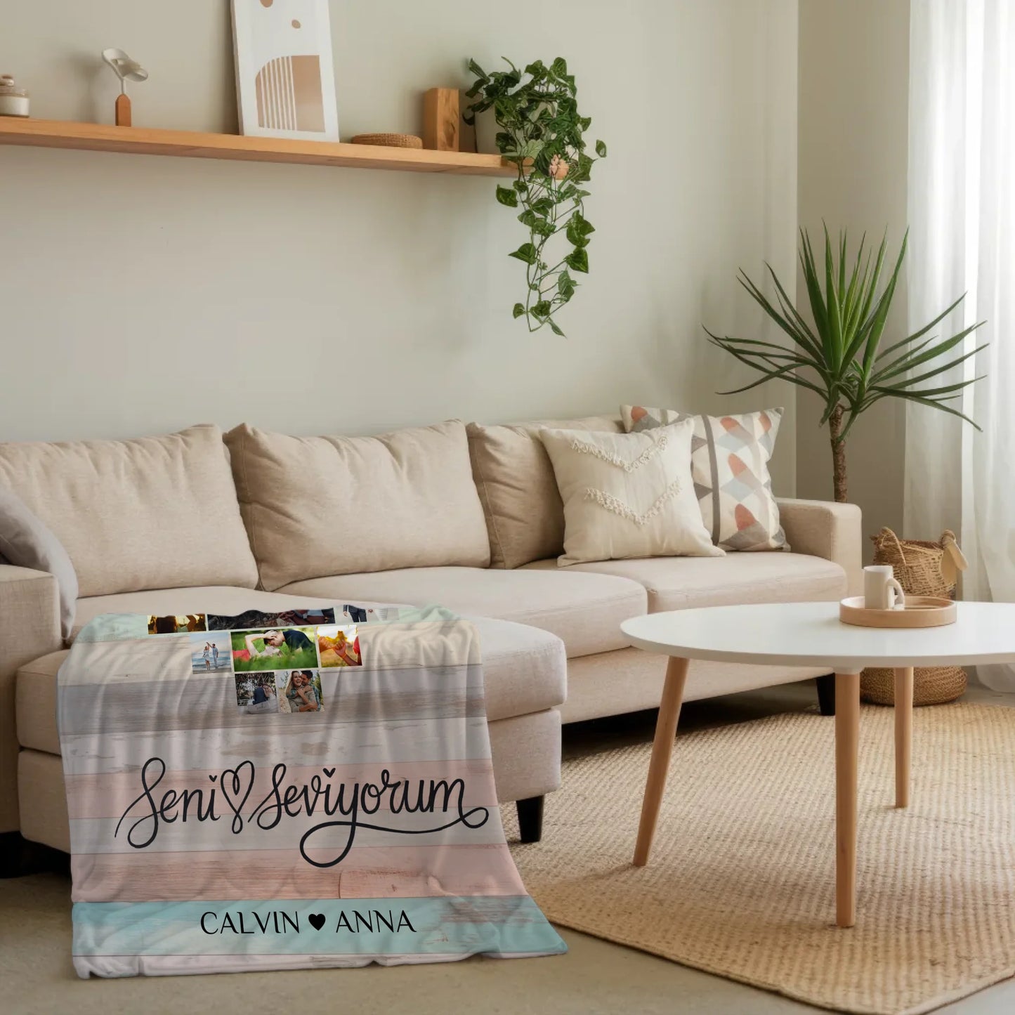 Personalisierte Fotocollage Decke Seni Seviyorum für Paare