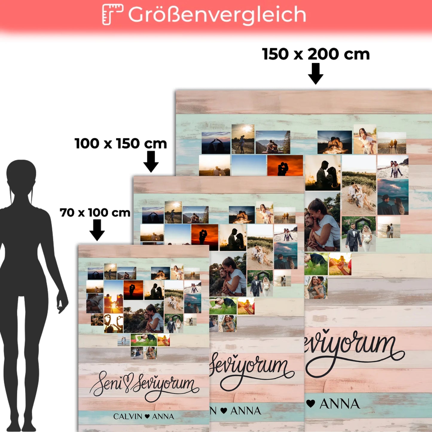 Personalisierte Fotocollage Decke Seni Seviyorum für Paare
