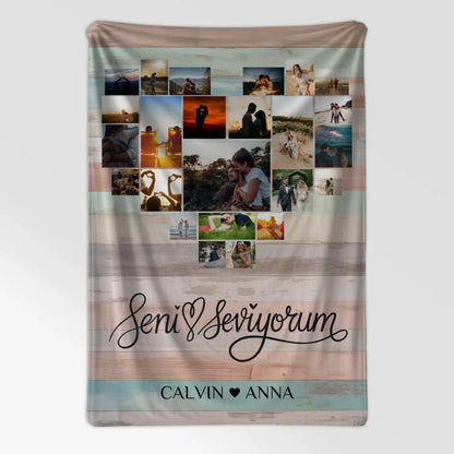 Personalisierte Fotocollage Decke Seni Seviyorum für Paare
