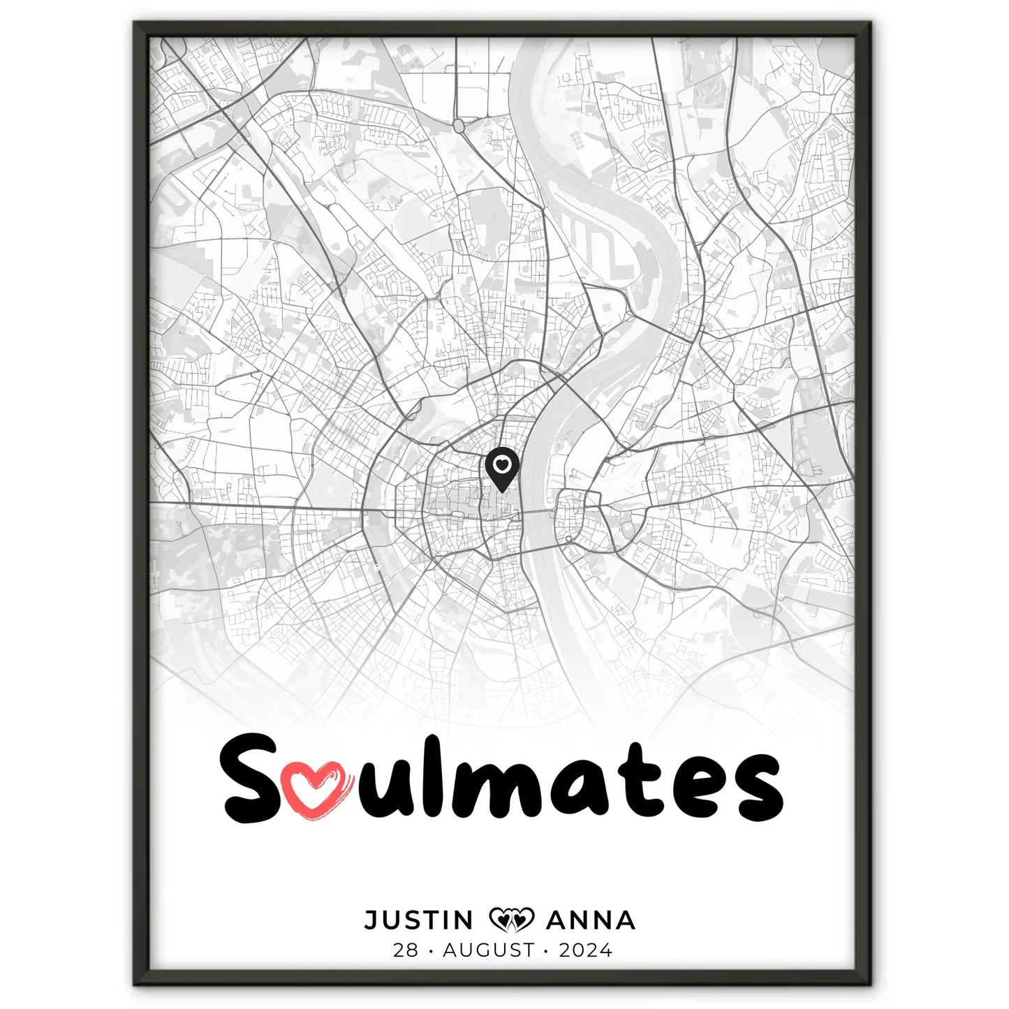 Personalisiertes Stadtkarten Poster Schwarz Weiß für Paare Soulmates