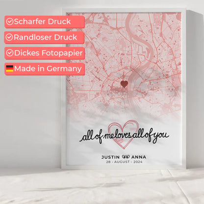 Personalisiertes Stadtkarten Poster für Paare All Of Me Loves All Of You