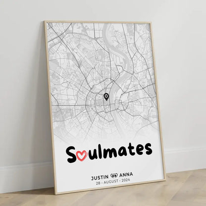 Personalisiertes Stadtkarten Poster Schwarz Weiß für Paare Soulmates