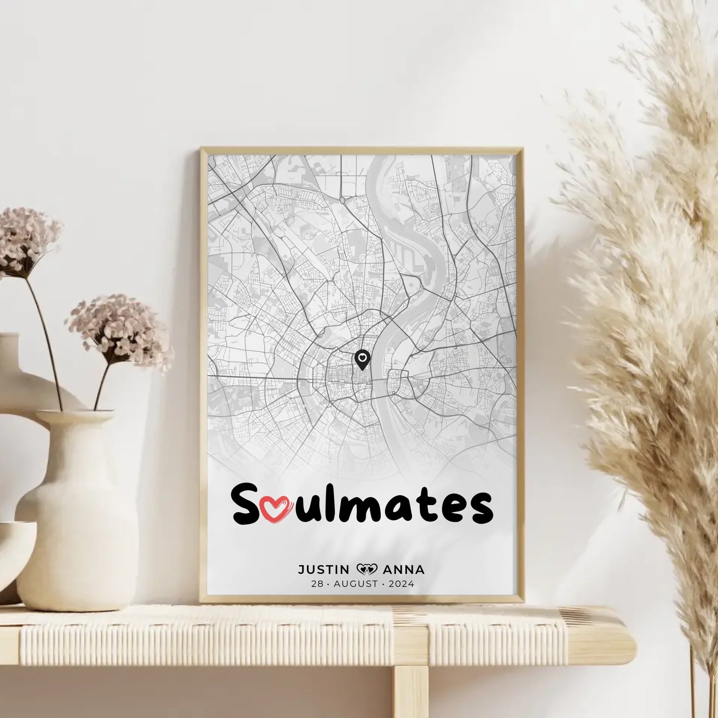 Personalisiertes Stadtkarten Poster Schwarz Weiß für Paare Soulmates
