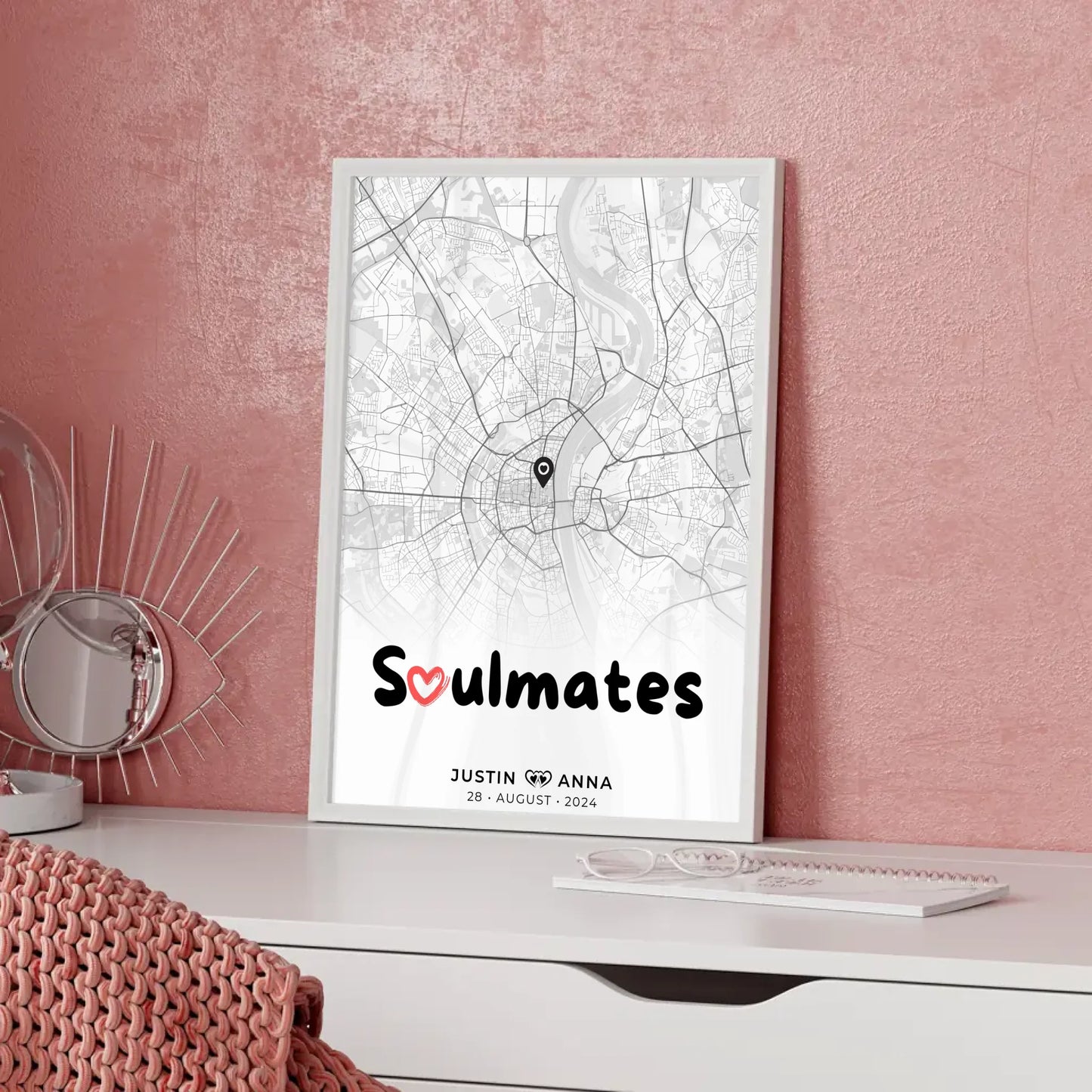 Personalisiertes Stadtkarten Poster Schwarz Weiß für Paare Soulmates