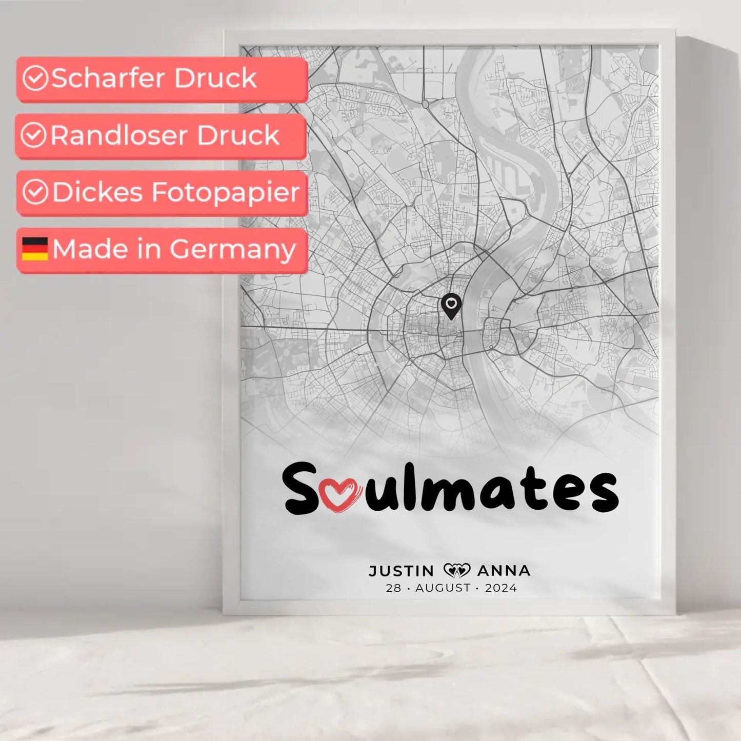 Personalisiertes Stadtkarten Poster Schwarz Weiß für Paare Soulmates