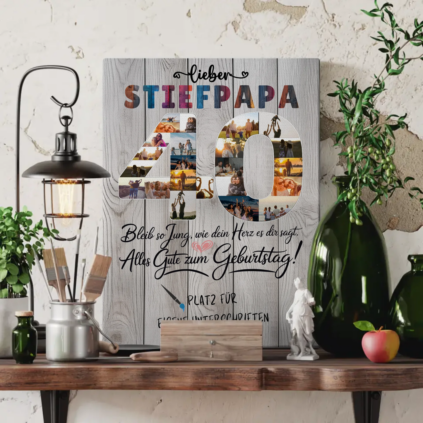 Personalisierte Fotoleinwand mit Unterschriften Stiefpapa 40 Geburtstag Fotos Bleib Jung