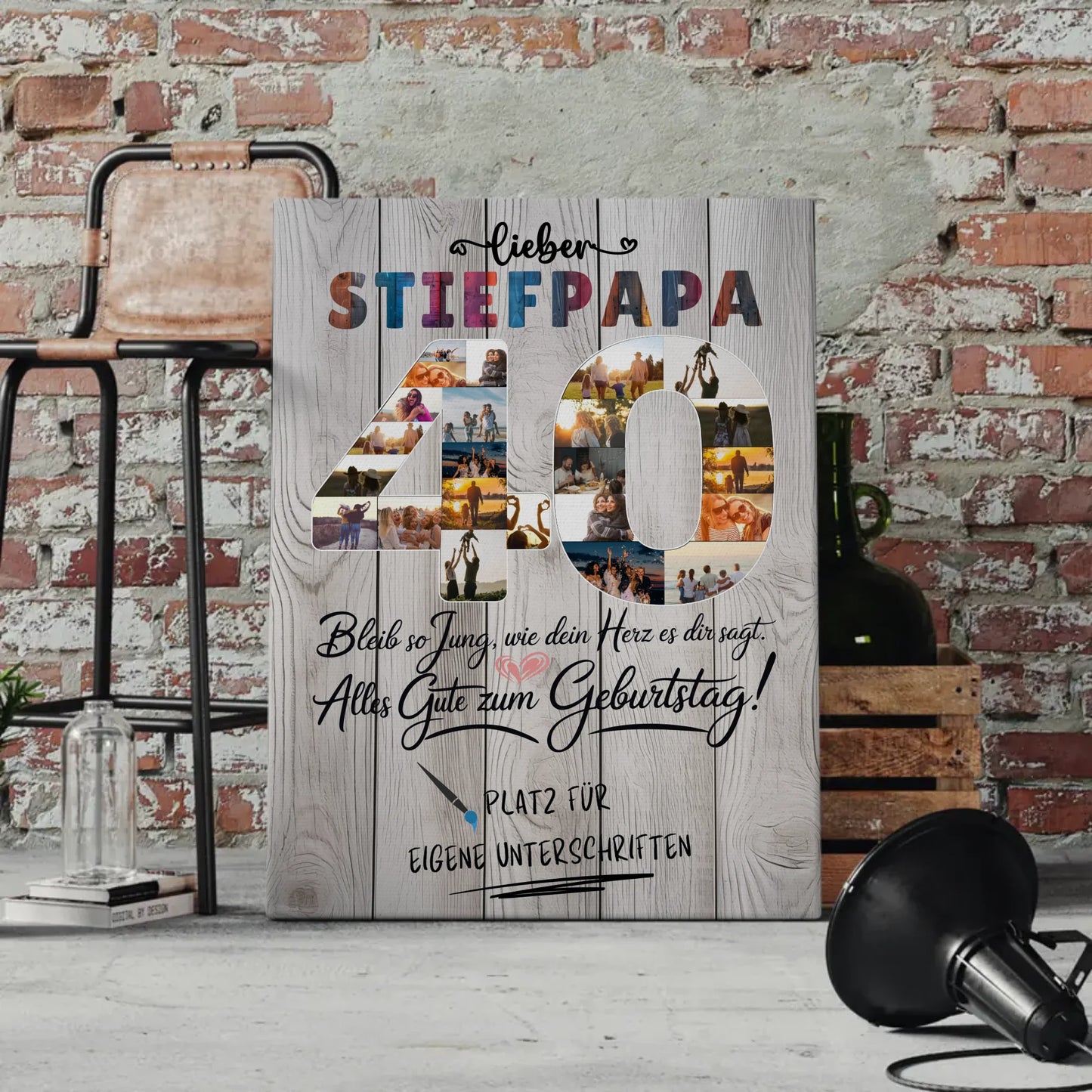 Personalisierte Fotoleinwand mit Unterschriften Stiefpapa 40 Geburtstag Fotos Bleib Jung