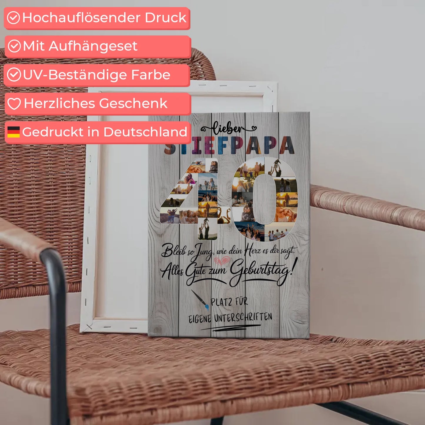 Personalisierte Fotoleinwand mit Unterschriften Stiefpapa 40 Geburtstag Fotos Bleib Jung