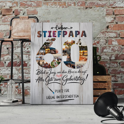 Personalisierte Fotoleinwand Stiefpapa 60 Geburtstag mit Unterschriften