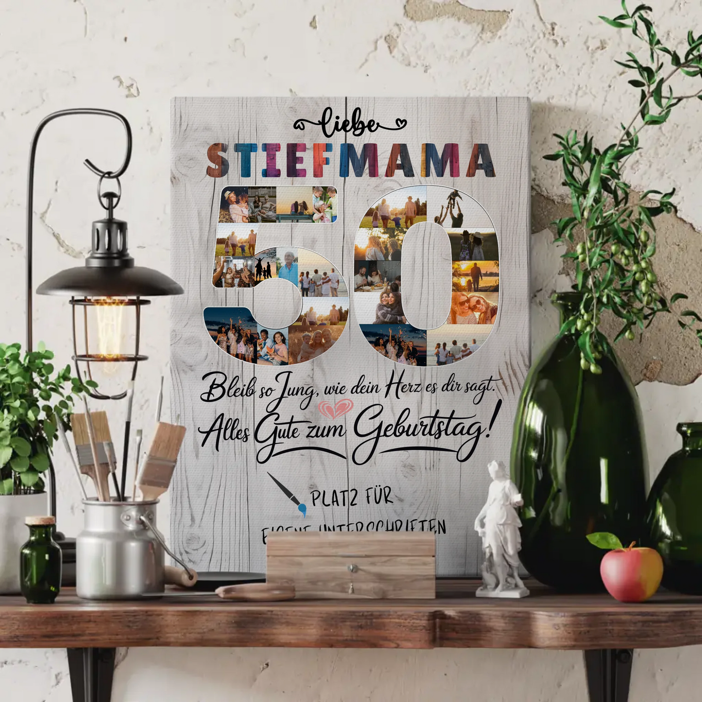 Personalisierte Fotoleinwand mit Unterschriften Stiefmama 50 Geburtstag Fotos Bleib Jung