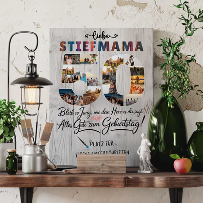 Personalisierte Fotoleinwand mit Unterschriften Stiefmama 50 Geburtstag Fotos Bleib Jung