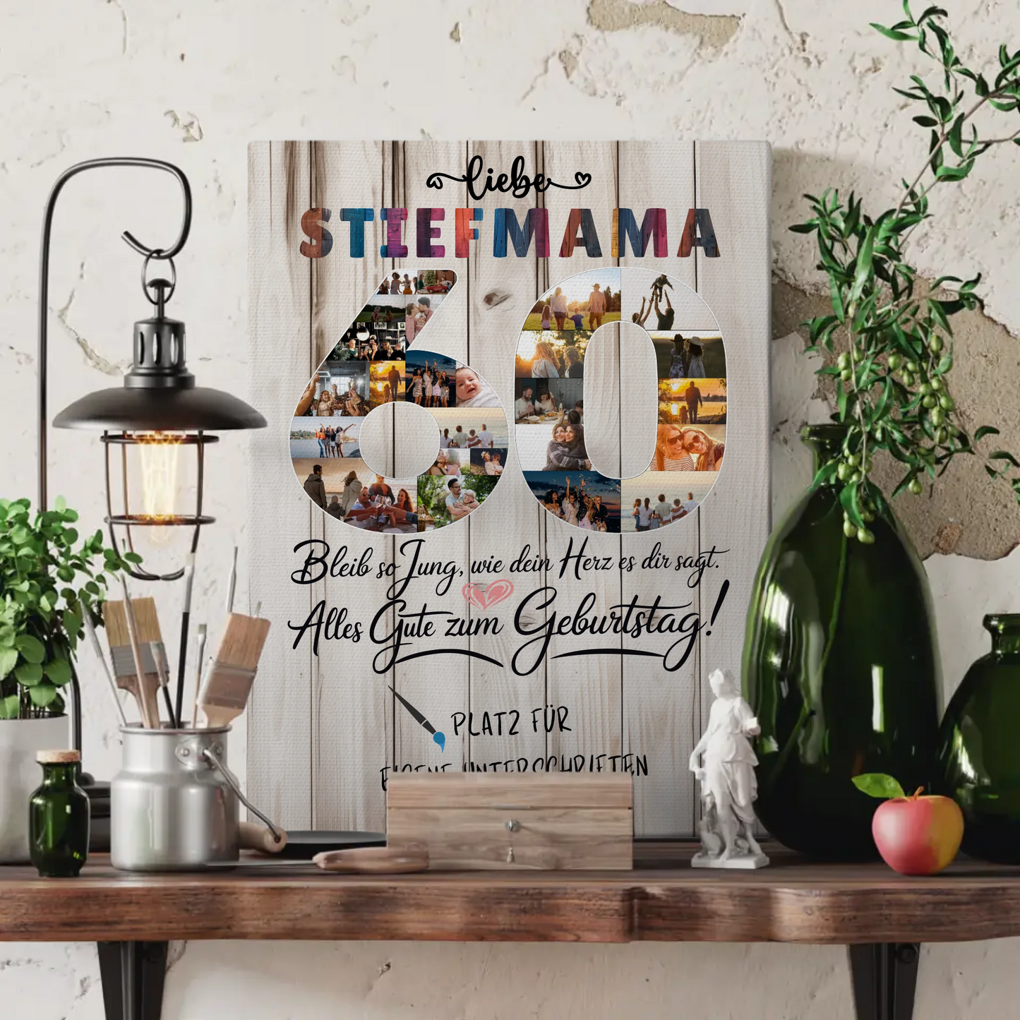 Personalisierte Fotoleinwand mit Unterschriften Stiefmama 60 Geburtstag Fotos Bleib Jung