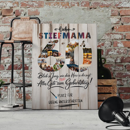 Personalisierte Fotoleinwand mit Unterschriften Stiefmama 60 Geburtstag Fotos Bleib Jung