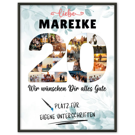 Personalisiertes Poster mit Wunschtext 20 Geburtstag Schwester Tochter Freundin
