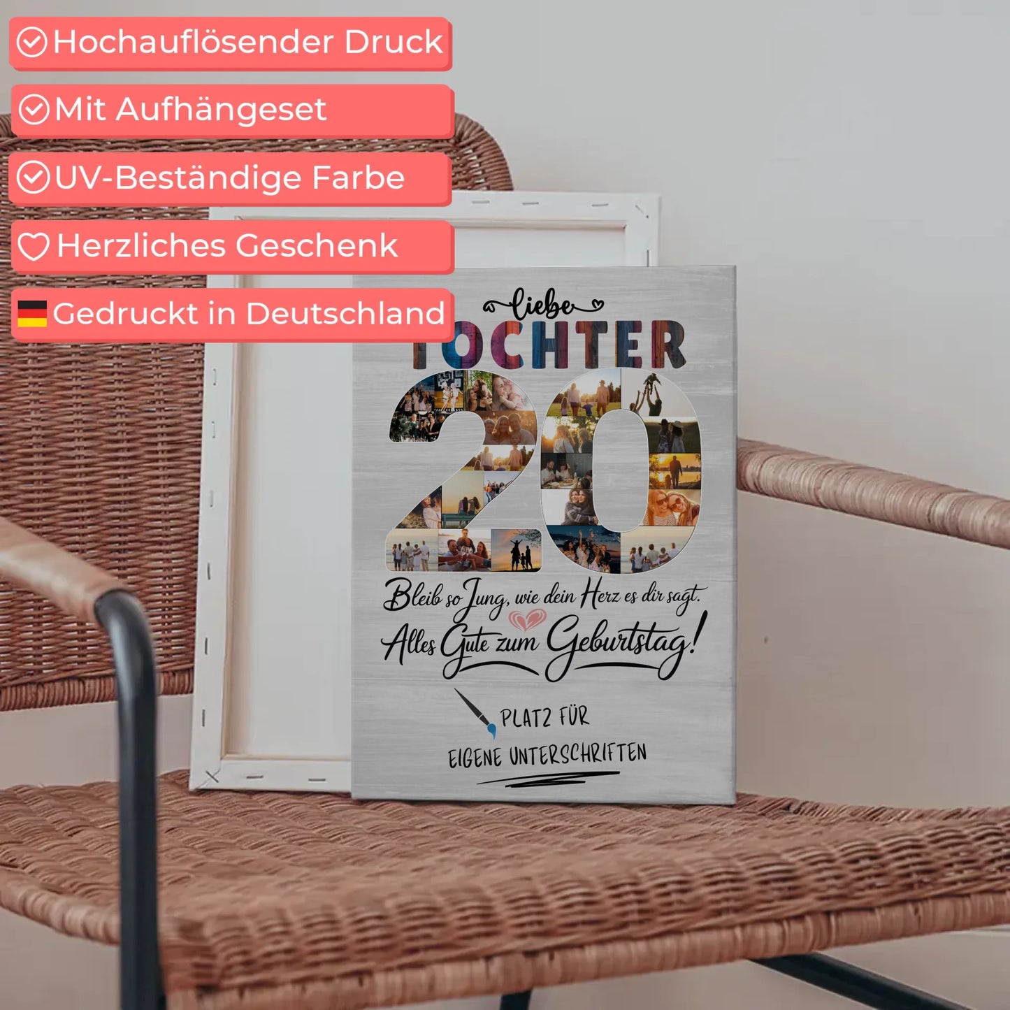 Personalisierte Fotoleinwand Tochter 20 Geburtstag mit Unterschriften