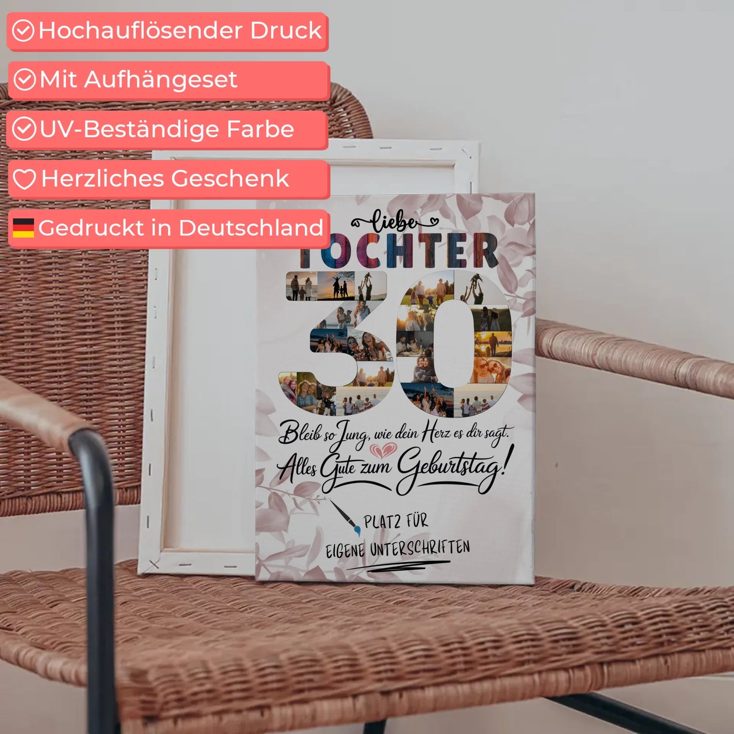 Personalisierte Fotoleinwand Tochter 30 Geburtstag mit Fotos und Unterschriften