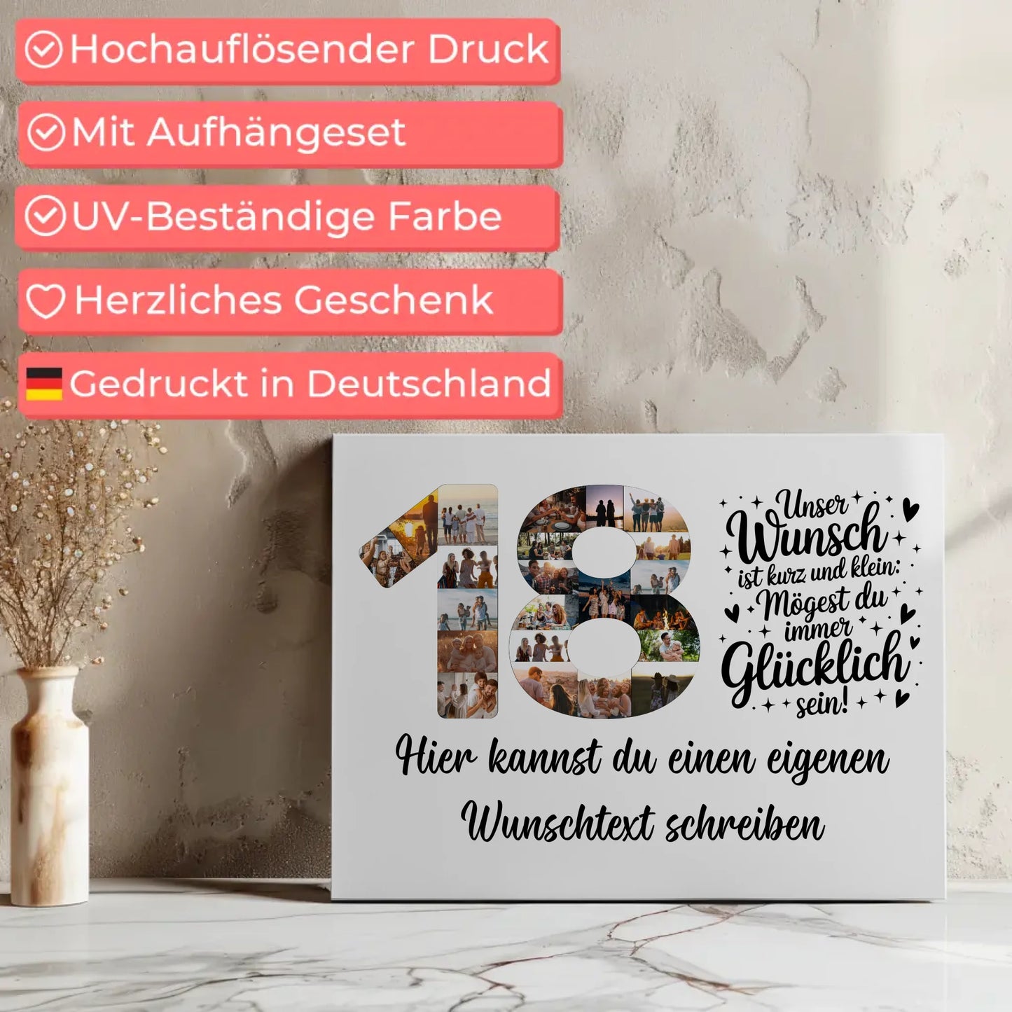 Personalisierte Fotoleinwand mit Wunschtext zum 18 Geburtstag