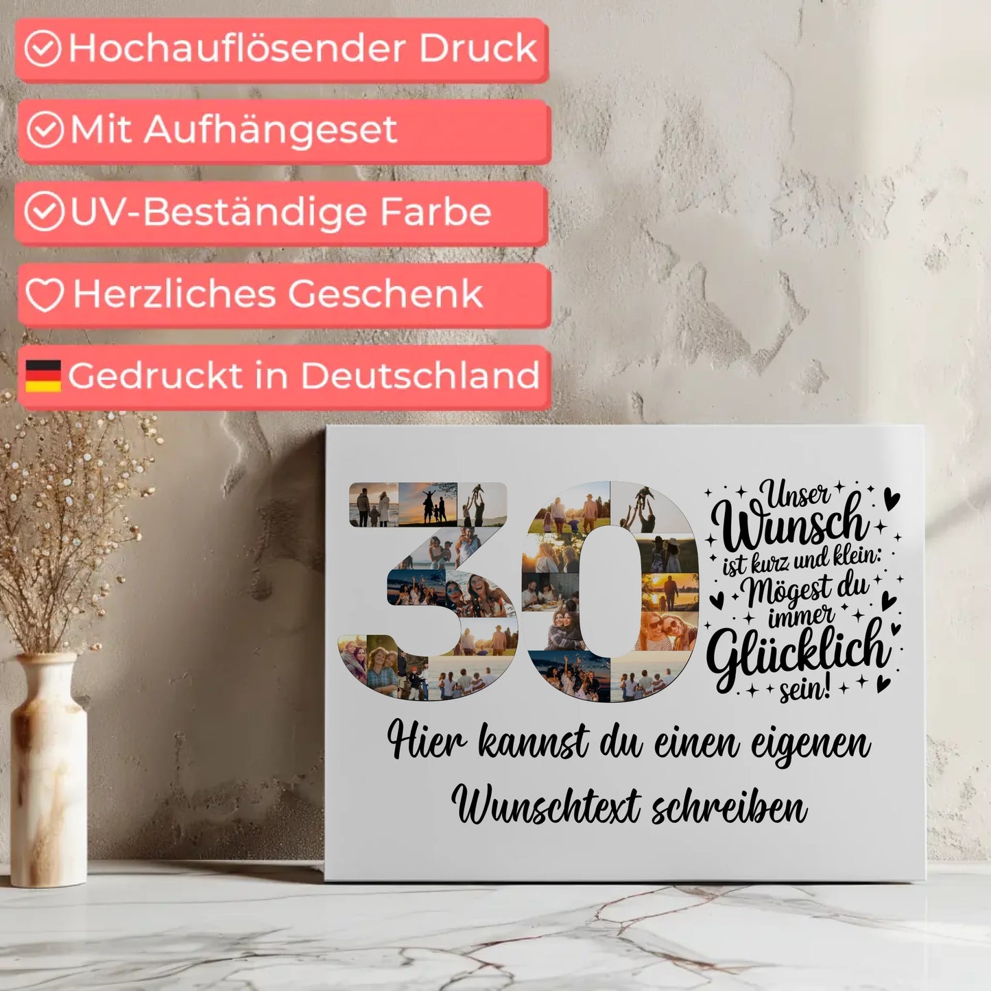 Personalisierte Fotoleinwand mit Wunschtext zum 30 Geburtstag