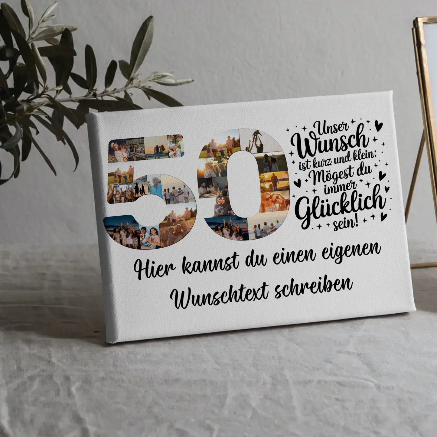 Personalisierte Fotoleinwand mit Wunschtext für 50 Geburtstag