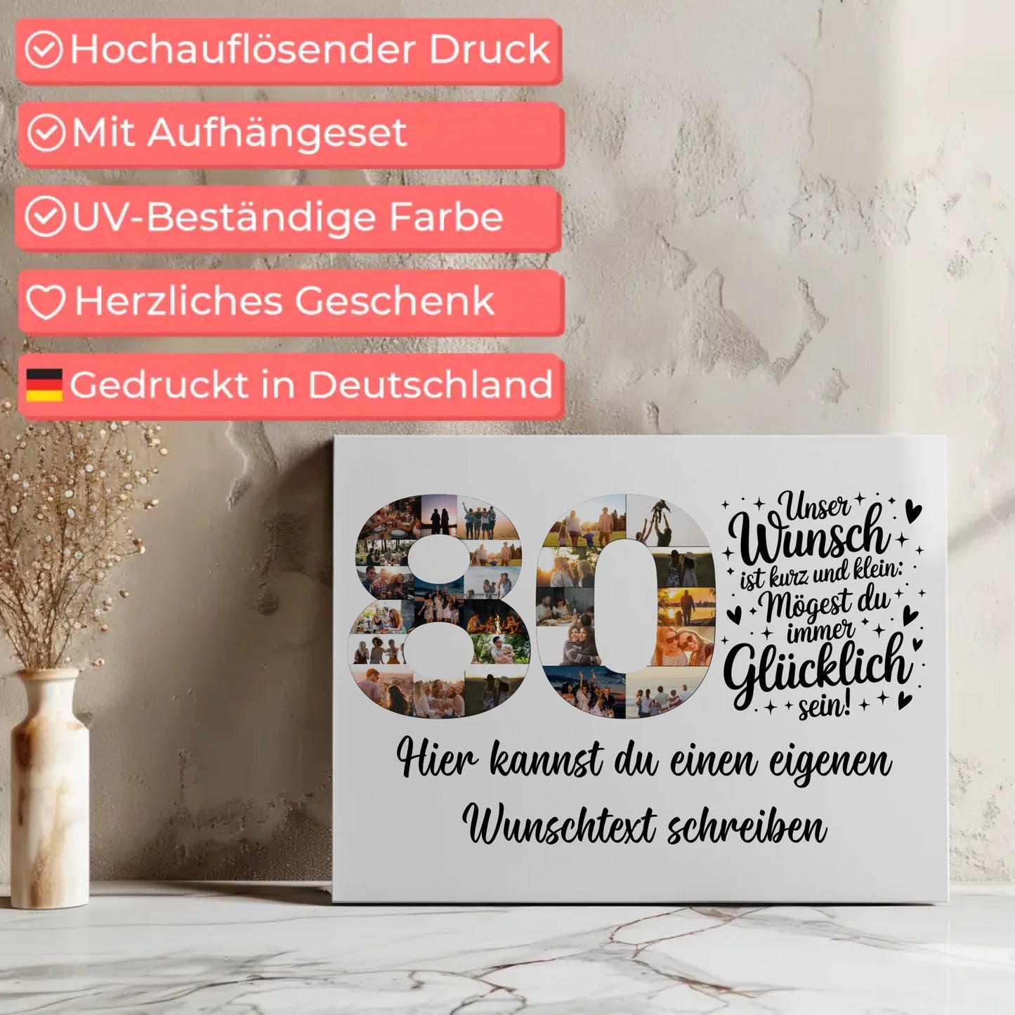 Personalisierte Fotoleinwand mit Wunschtext zum 80 Geburtstag