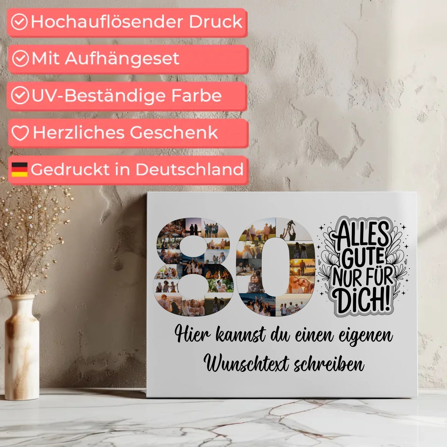 Personalisierte Fotoleinwand mit Wunschtext zum 80 Geburtstag Alles Gute für Dich