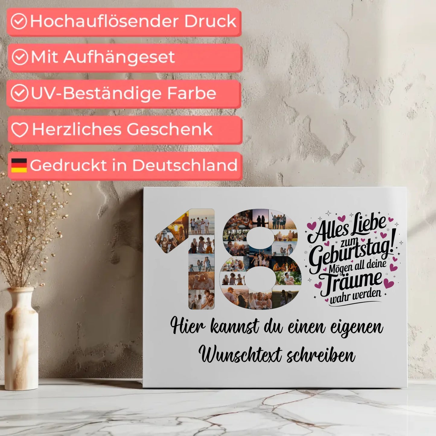 Personalisierte Fotoleinwand Wunschtext 18 Geburtstag Deine Träume