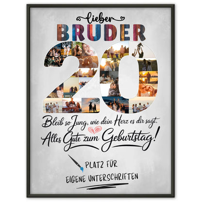 Personalisiertes Poster Bruder 20 Geburtstag mit Unterschriften Fotos
