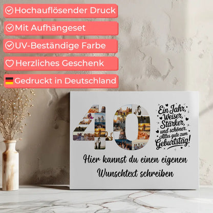 Personalisierte Fotoleinwand Wunschtext 40 Geburtstag Weiser Staerker