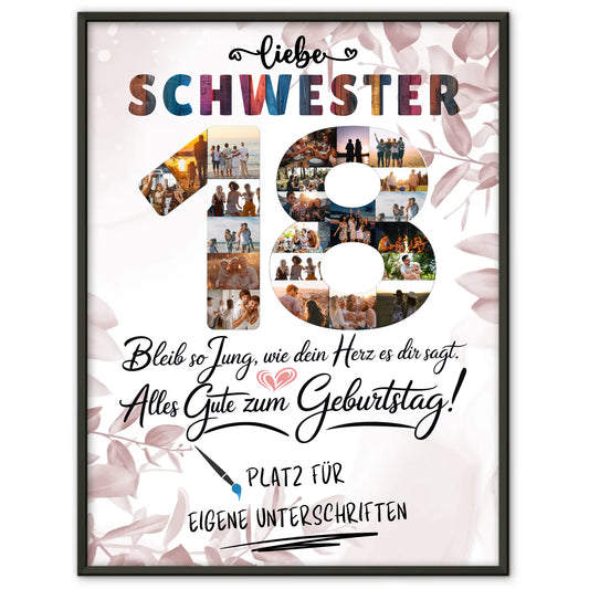 Personalisiertes Poster mit Unterschriften für Schwester 18 Geburtstag Fotos