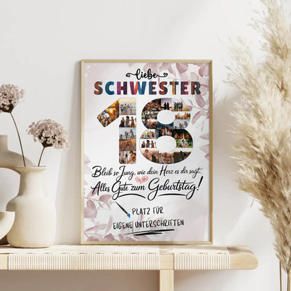 Personalisiertes Poster mit Unterschriften für Schwester 18 Geburtstag Fotos