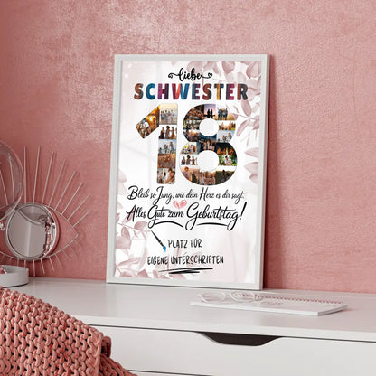 Personalisiertes Poster mit Unterschriften für Schwester 18 Geburtstag Fotos