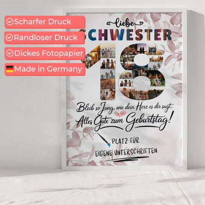 Personalisiertes Poster mit Unterschriften für Schwester 18 Geburtstag Fotos