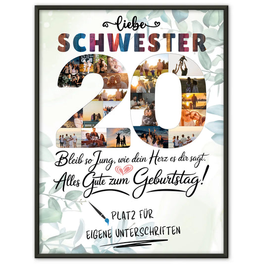 Personalisiertes Poster mit Unterschriften Schwester zum 20 Geburtstag Fotos