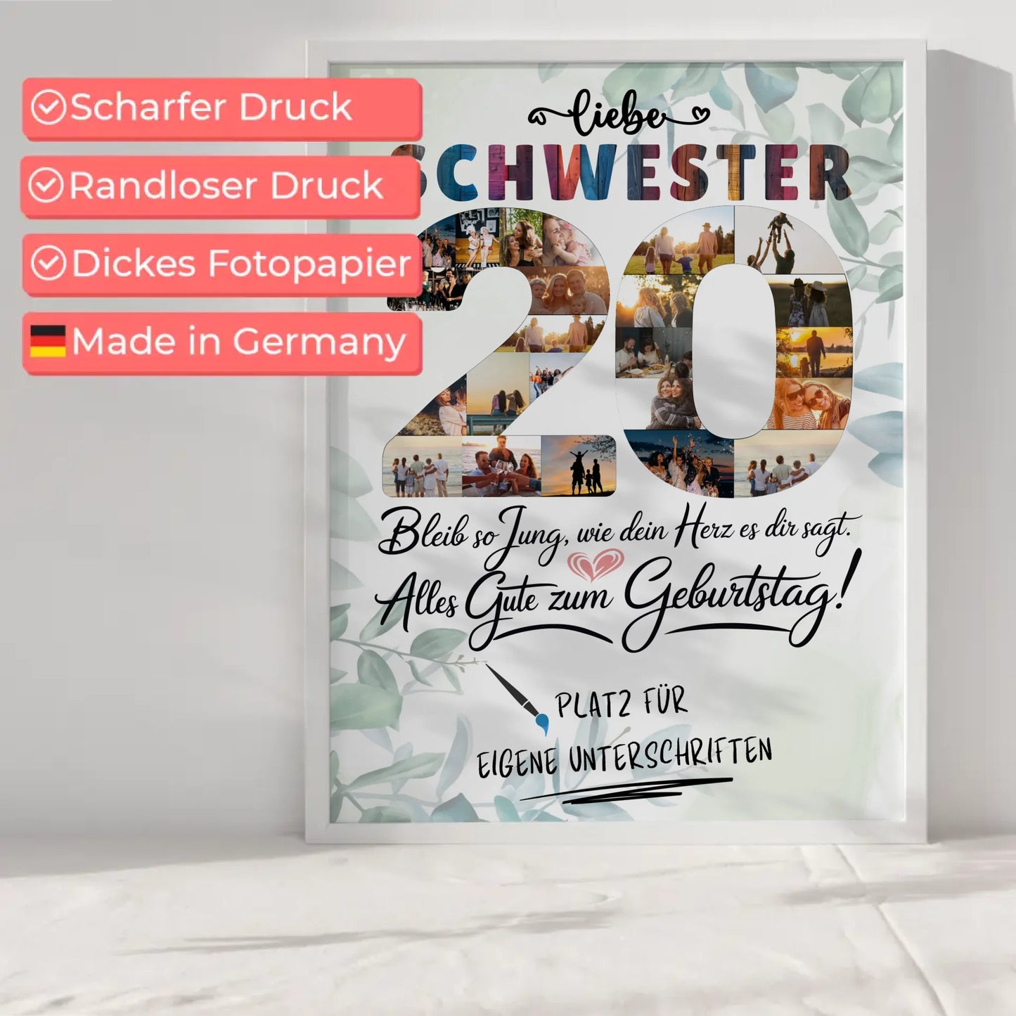 Personalisiertes Poster mit Unterschriften Schwester zum 20 Geburtstag Fotos