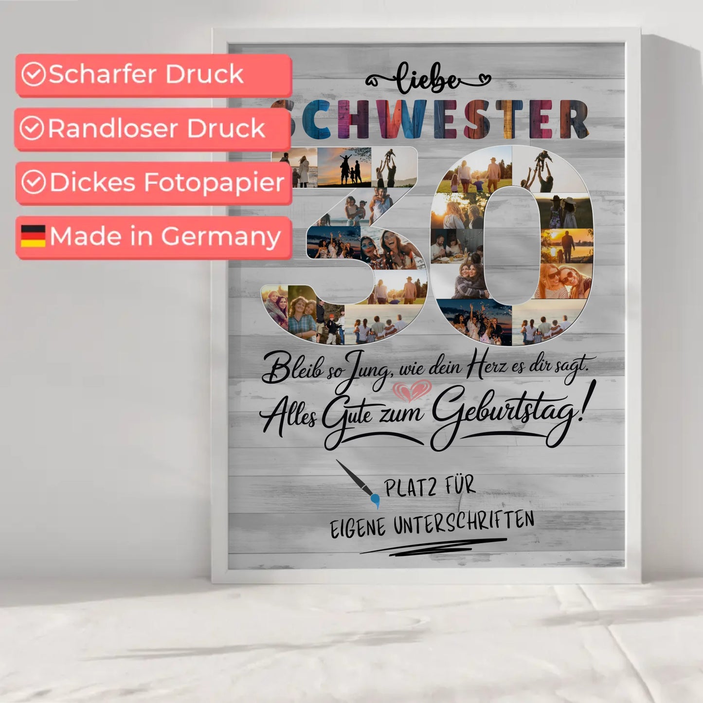 Personalisiertes Poster mit Unterschriften Schwester 30 Geburtstag Fotos