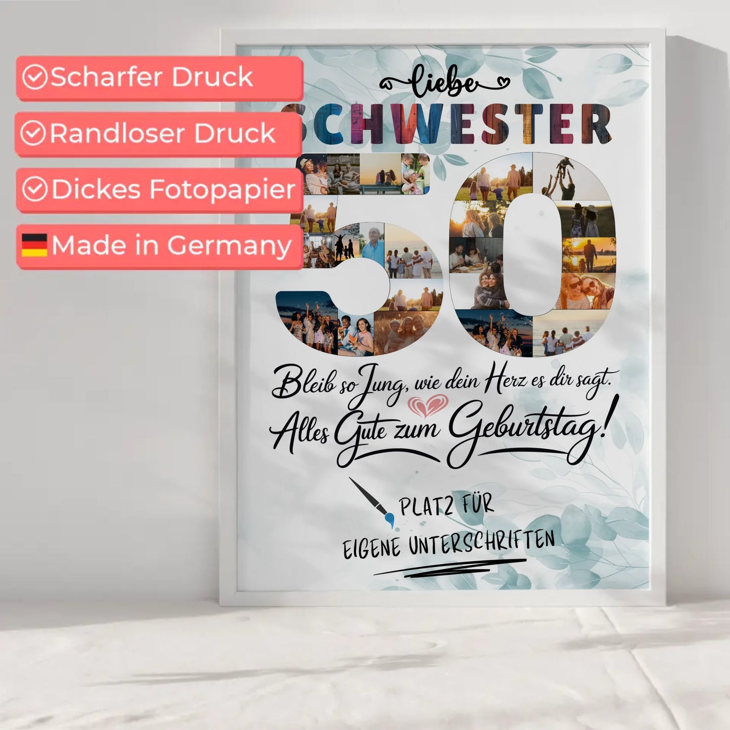 Personalisiertes Poster mit Unterschriften Schwester 50 Geburtstag Fotos