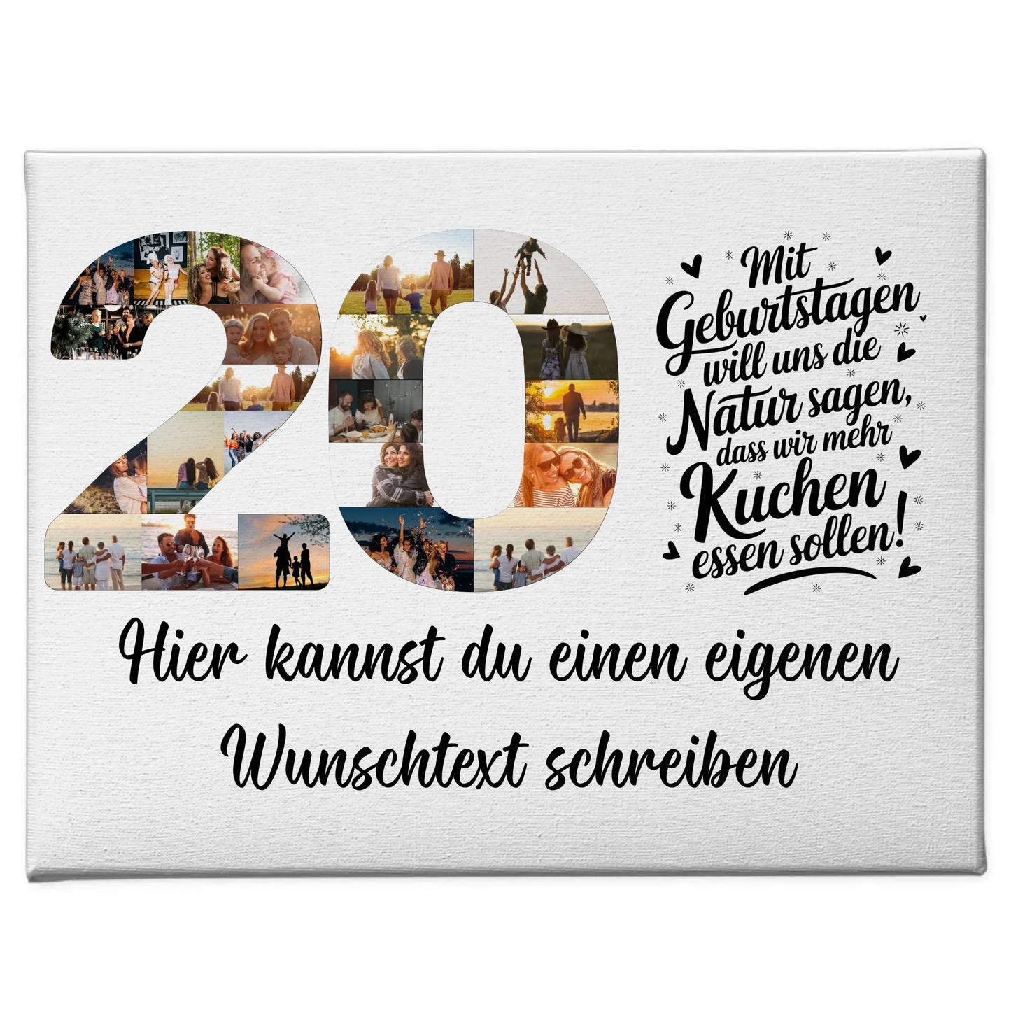 Personalisierte Fotoleinwand mit Wunschtext 20 Geburtstag Mehr Kuchen