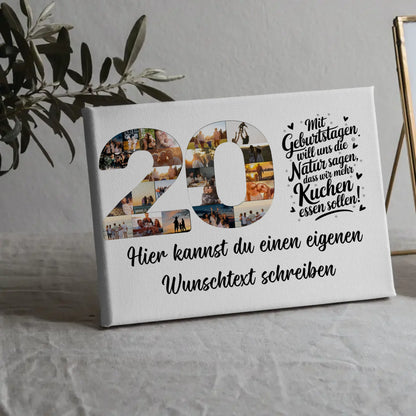 Personalisierte Fotoleinwand mit Wunschtext 20 Geburtstag Mehr Kuchen