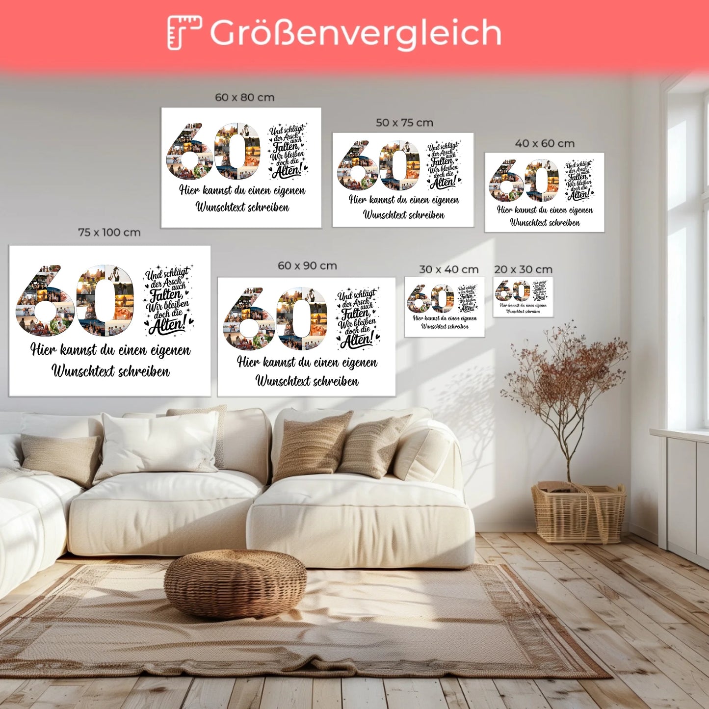 Personalisierte Fotoleinwand mit Wunschtext 60 Geburtstag Falten